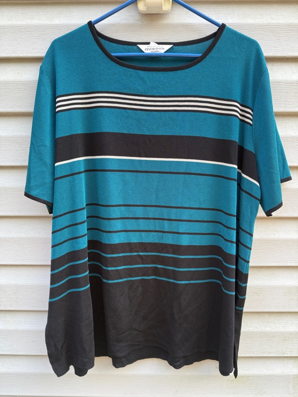 Exclusively Misook Woman Stripe Short Sleeve Knit Blouse Teal Black White 3X